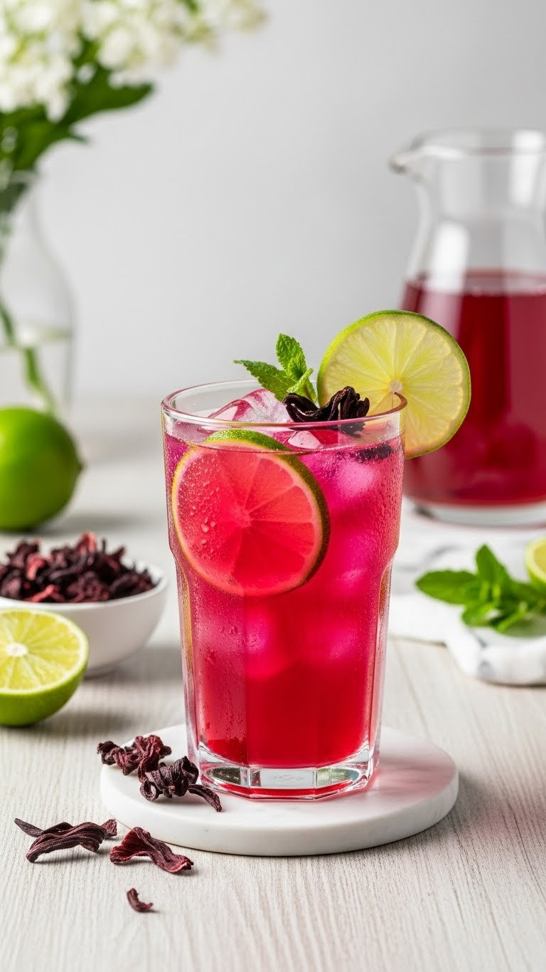 Vibrant Fuchsia Hibiscus Lime Iced Tea In Tall Glass With Lime Wheels And Dried Hibiscus Flowers On White Coaster