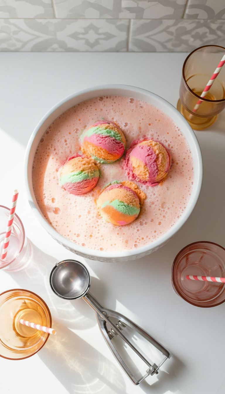 Vibrant Ginger Ale Sherbet Punch With Rainbow Sherbet Scoops In A Ceramic Bowl. Fun, Retro Pink And Orange Party Drink.
