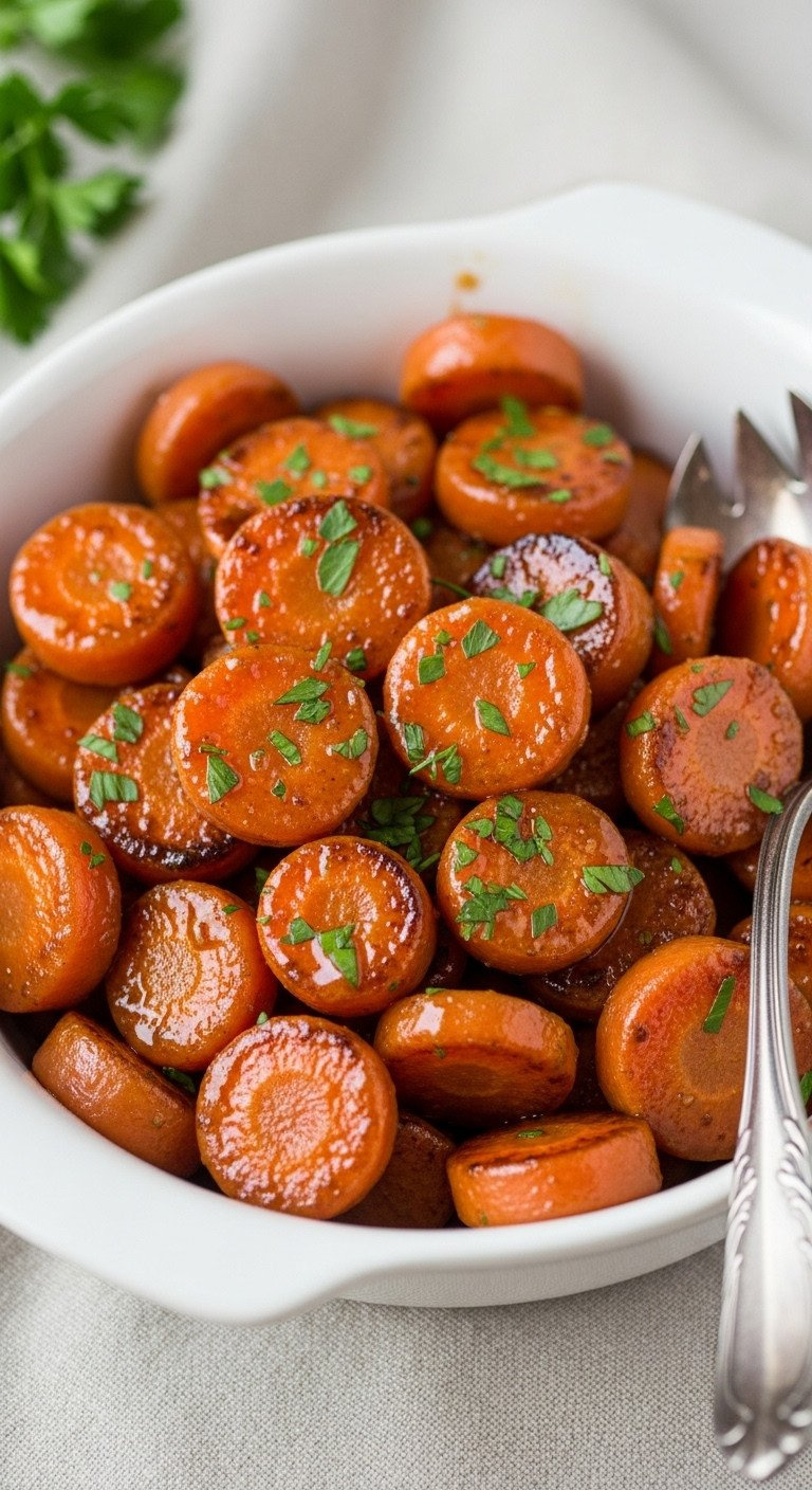 Vibrant Glazed Carrot Coins With Buttery Brown Sugar, Sprinkled With Parsley, In A White Serving Bowl For Holidays.