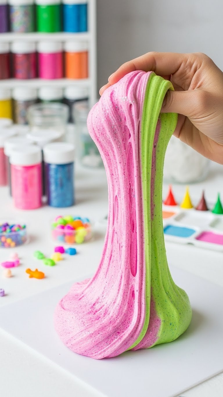 Vibrant Glitter-Infused Baking Soda Slime Held In Hands With Colorful Craft Supplies In Blurred Background
