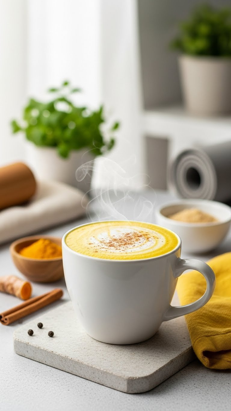 Vibrant Golden Turmeric Latte In Minimalist Ceramic Mug With Cinnamon Dusting On Light Stone Surface