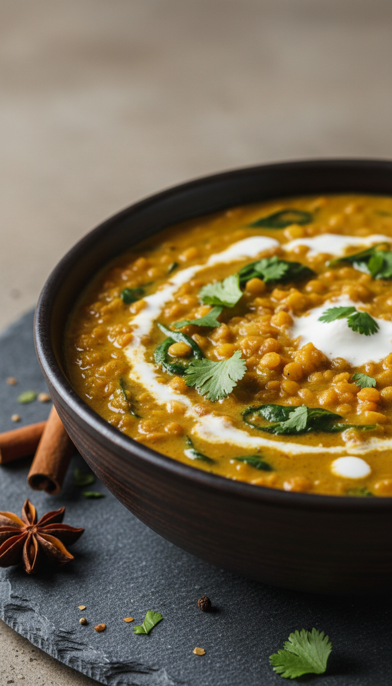 Vibrant Golden Lentil Curry With Spinach And Coconut Cream Garnish Served In A Dark Earthy Bowl.