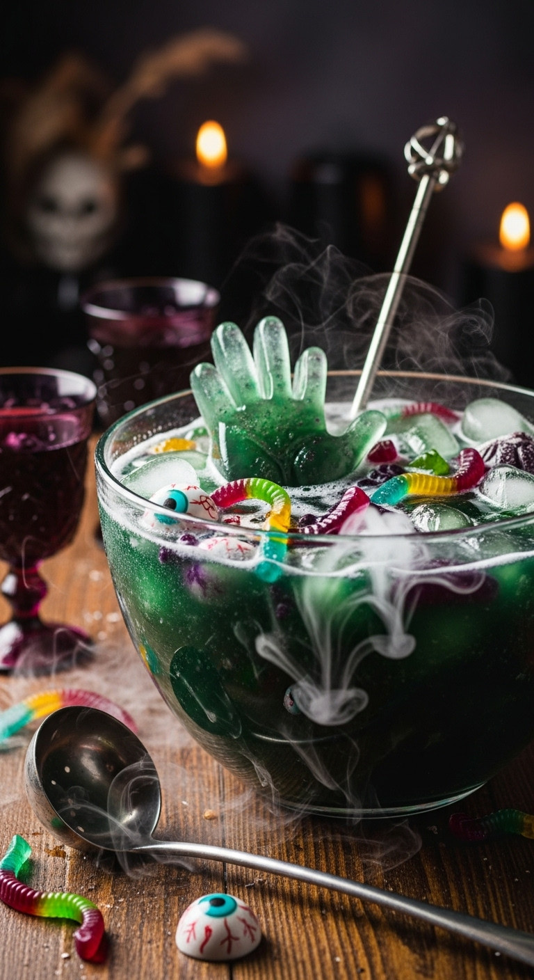 Vibrant Green Bewitched Brew Punch With Gummy Worms, Eyeballs, And Dry Ice On A Rustic Table In A Dim Halloween Setting.
