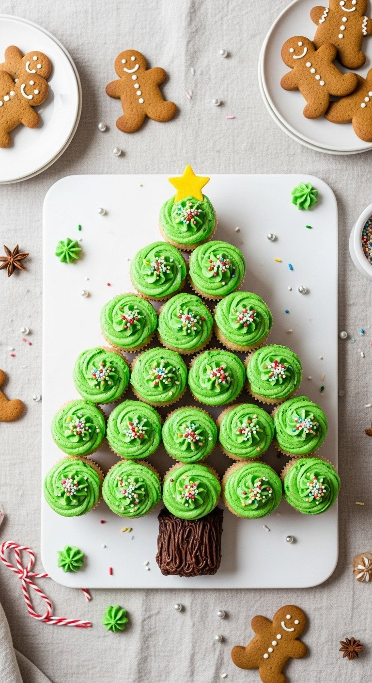 Vibrant Green Christmas Tree Pull-Apart Cupcake Cake With Colorful Sprinkles, Yellow Star, And Chocolate Trunk On White Board.