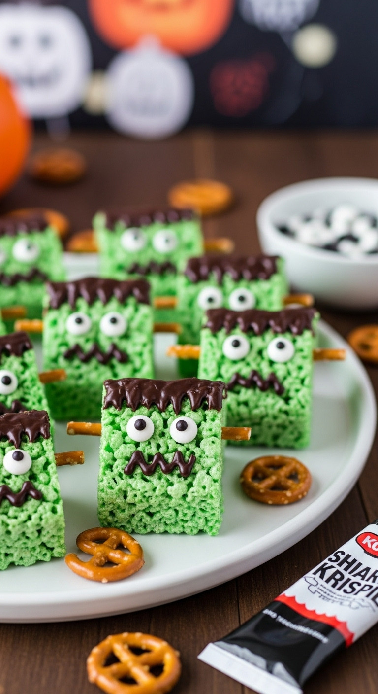 Vibrant Green Frankenstein Rice Krispie Treats With Candy Eyes And Pretzel Bolts On A White Platter.