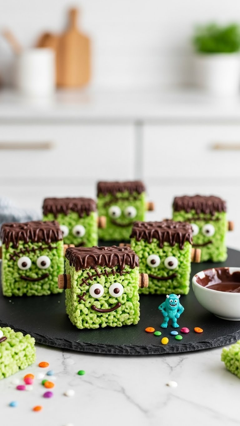 Vibrant Green Frankenstein Rice Krispie Treats With Edible Googly Eyes And Chocolate Drizzle On Black Serving Platter