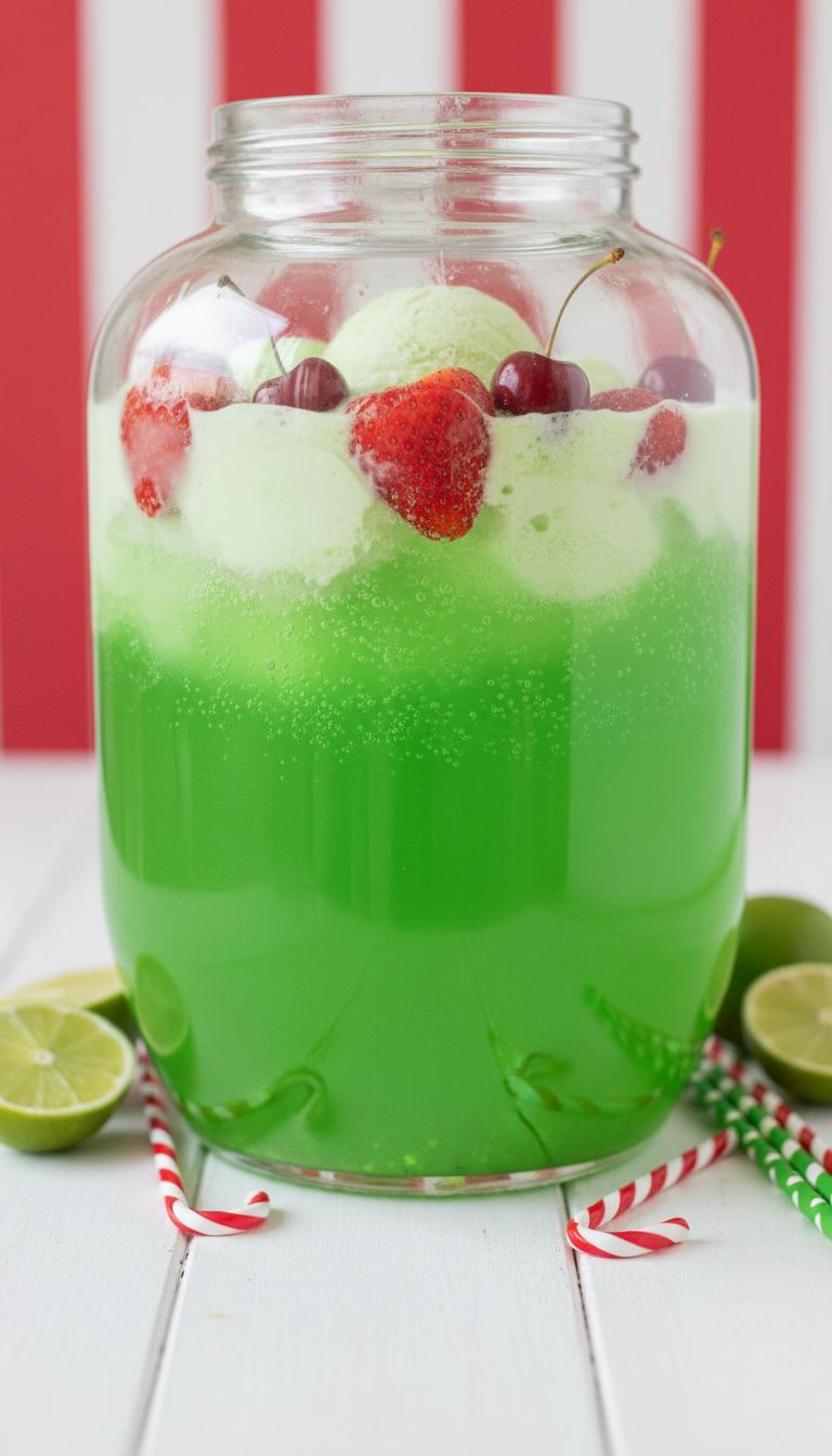Vibrant Green Grinch Punch With Lime Sherbet, Red Heart Strawberries In Beverage Dispenser. Kid-Friendly Festive Holiday Party Drink.