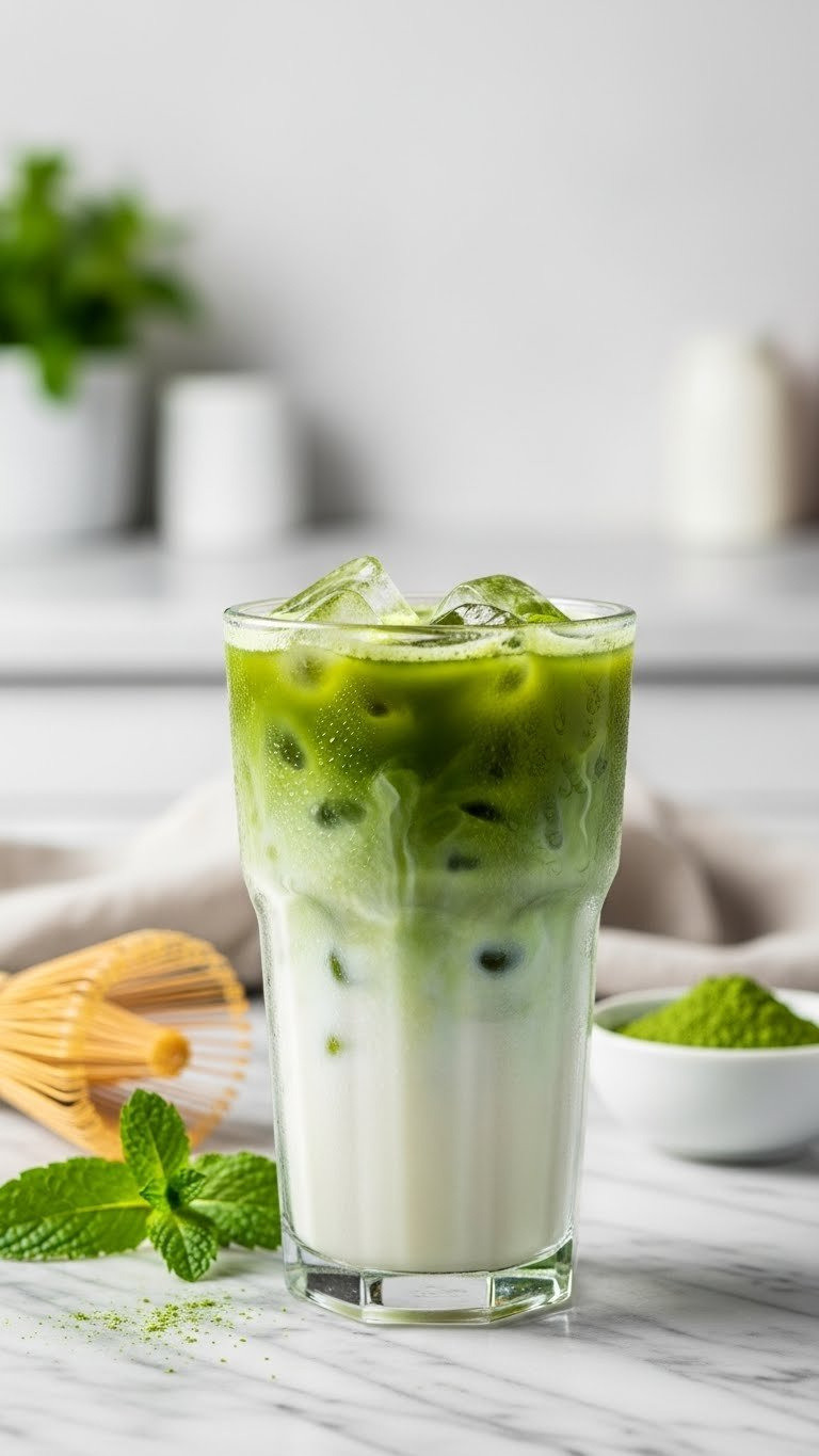 Vibrant Green Iced Matcha Latte With Visible Layers And Condensation In Tall Glass On Bright Marble Countertop