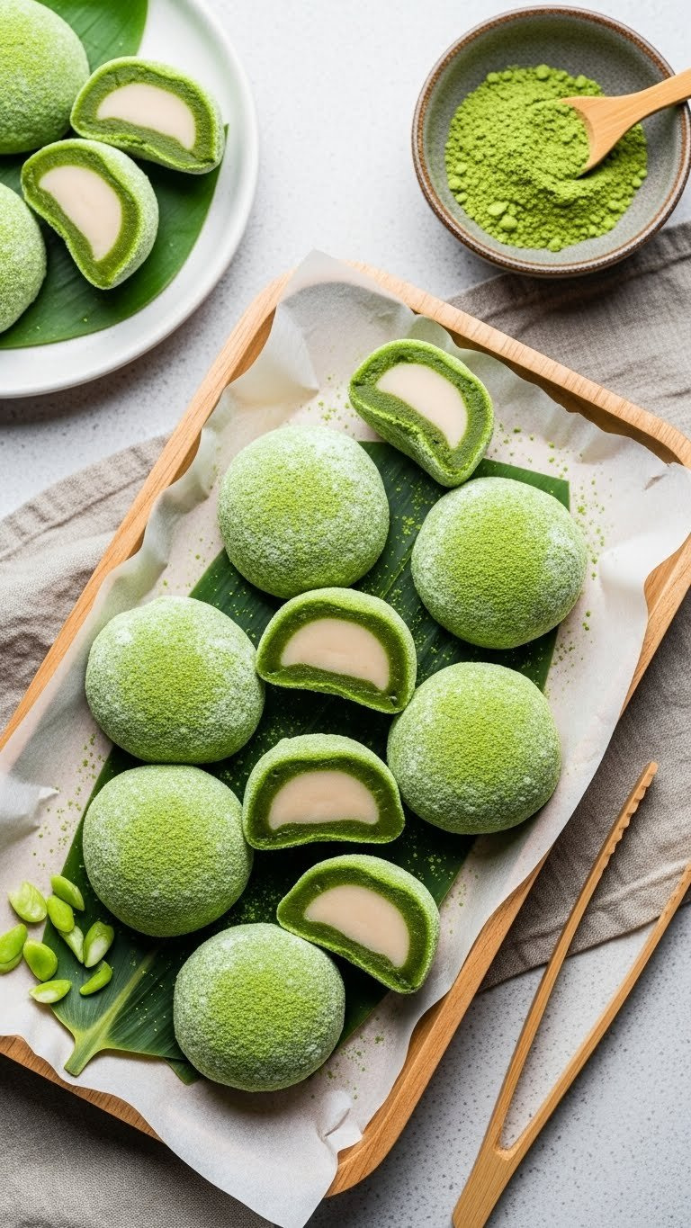 Vibrant Green Matcha Mochi Rounds Filled With White Bean Paste, Dusted On A Wooden Tray With Matcha Powder And Bamboo Tongs.