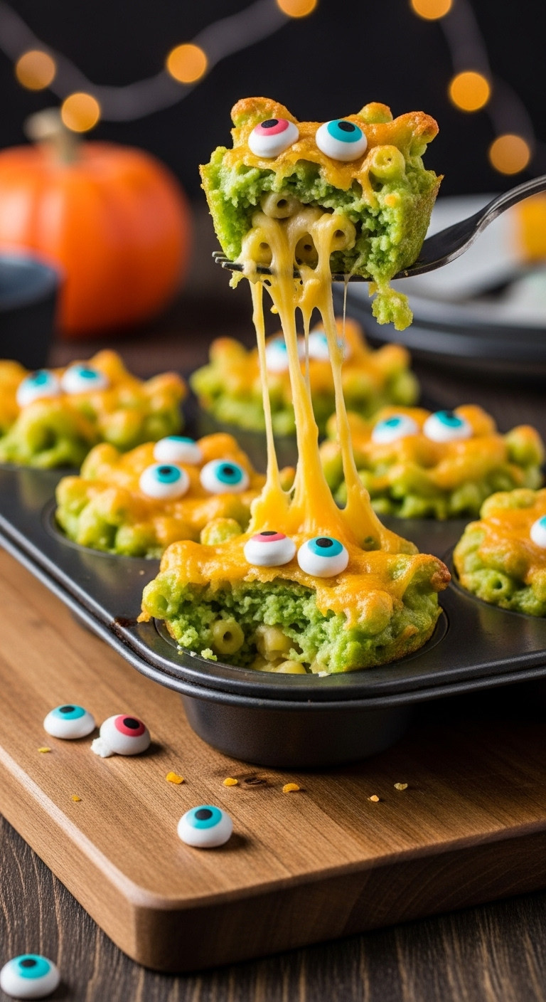 Vibrant Green Monster Mac &Amp; Cheese Cups With Candy Eyeballs, A Cheesy Noodle Pull, And Spooky Decor For Halloween.