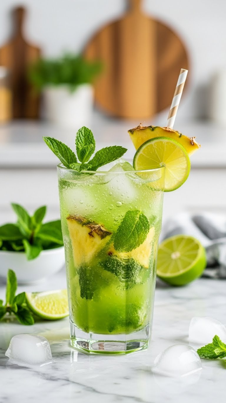 Vibrant Green Pineapple Mojito In Highball Glass With Mint Leaves And Pineapple Chunks On Marble Countertop In Kitchen Setting