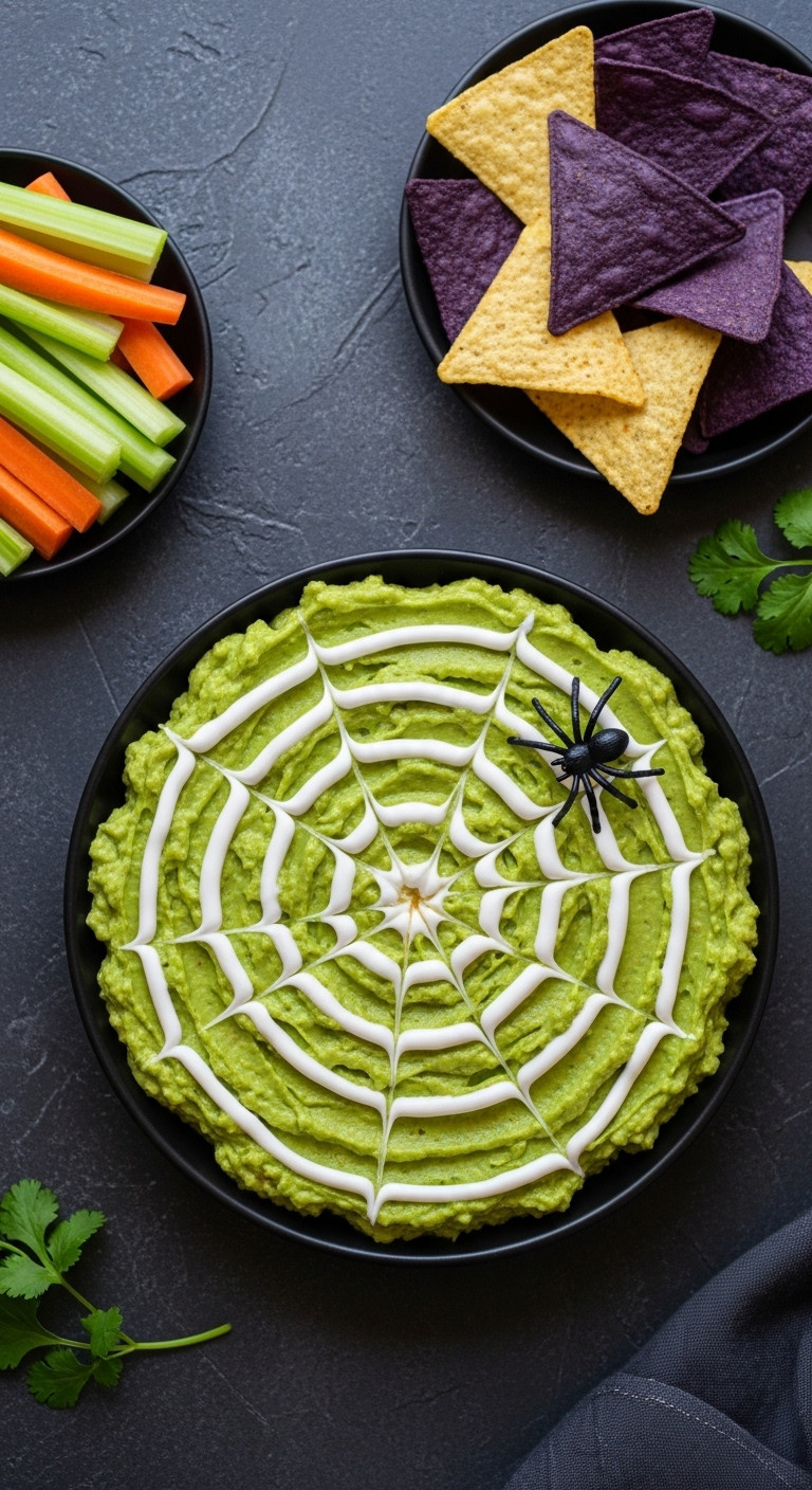 Vibrant Green Spooky Spiderweb Dip With White Sour Cream Web &Amp; Plastic Spider In Black Dish. Dark Stone. Halloween Party Appetizer.