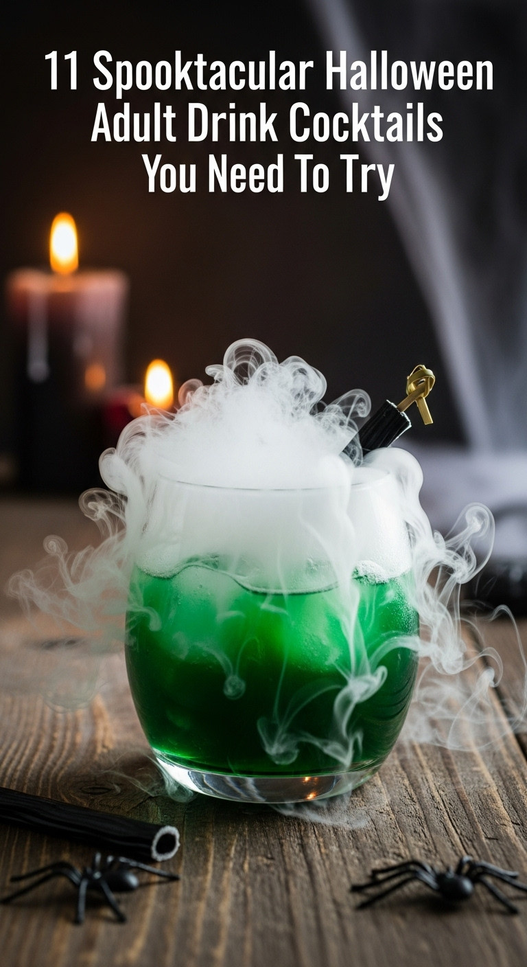 Vibrant Green Witches Brew Cocktail In A Rounded Glass With Dry Ice Smoke Spilling Over The Rim On A Rustic Wooden Table.