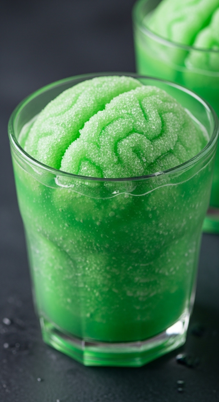 Vibrant Green Zombie Brain Freeze Slushie, Icy With Granular Texture. Perfect Spooky Halloween Drink For A Chilling Treat.