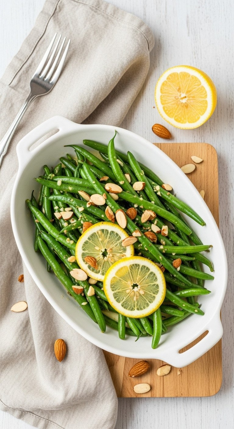 Vibrant Green Beans With Lemon-Garlic Butter Sauce And Toasted Almonds In A White Dish, Garnished With Lemon.
