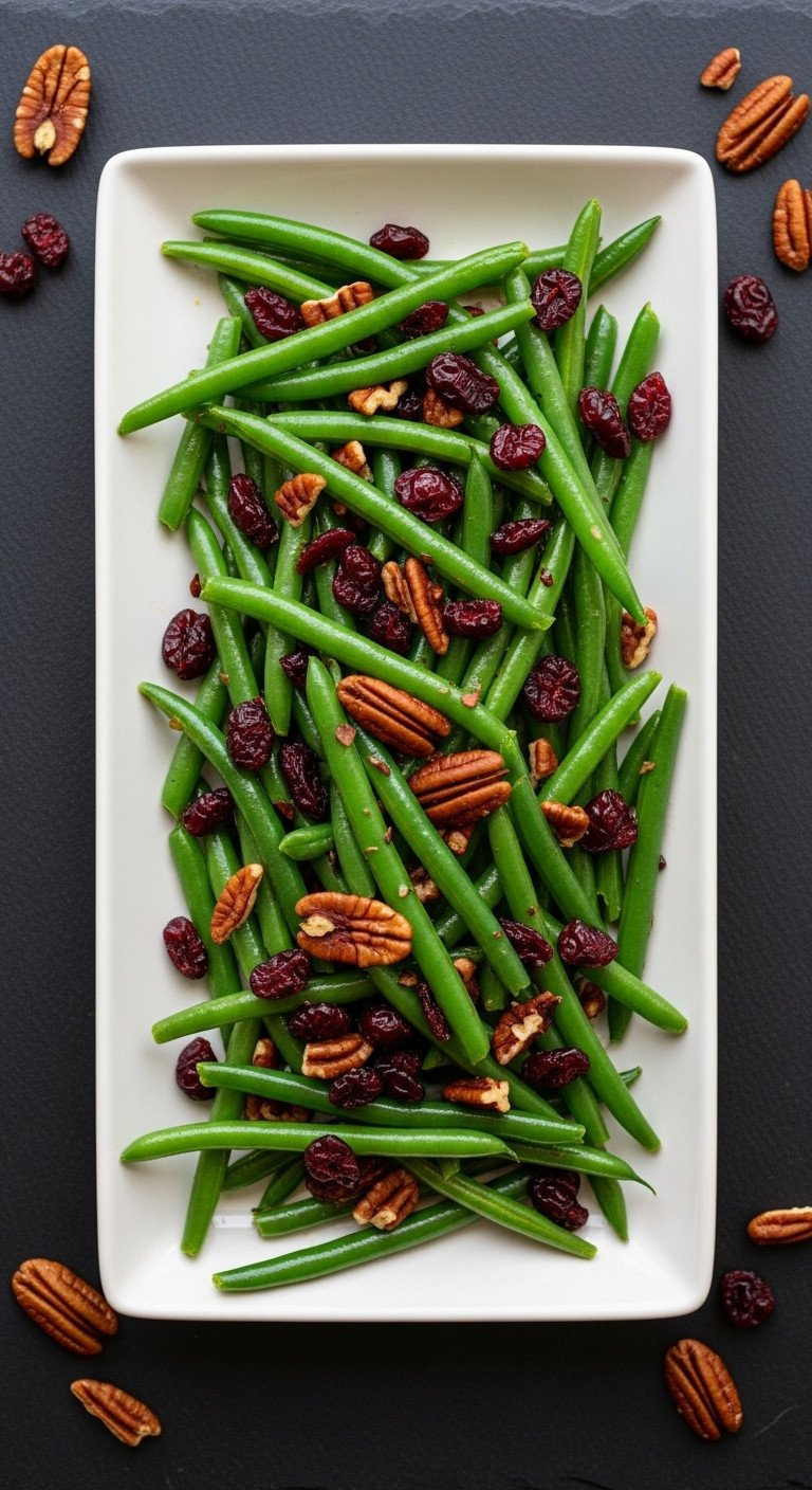 Vibrant Green Beans With Red Cranberries And Toasted Pecans On A White Serving Platter Against A Dark Slate Background.