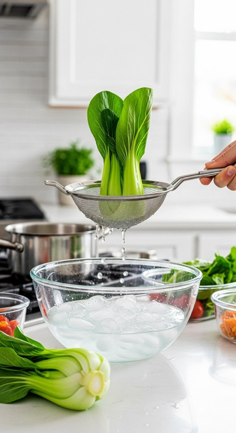 Vibrant Green Blanched Bok Choy Being Lifted From An Ice Water Bath With A Spider Strainer. A Healthy Meal Prep Technique.