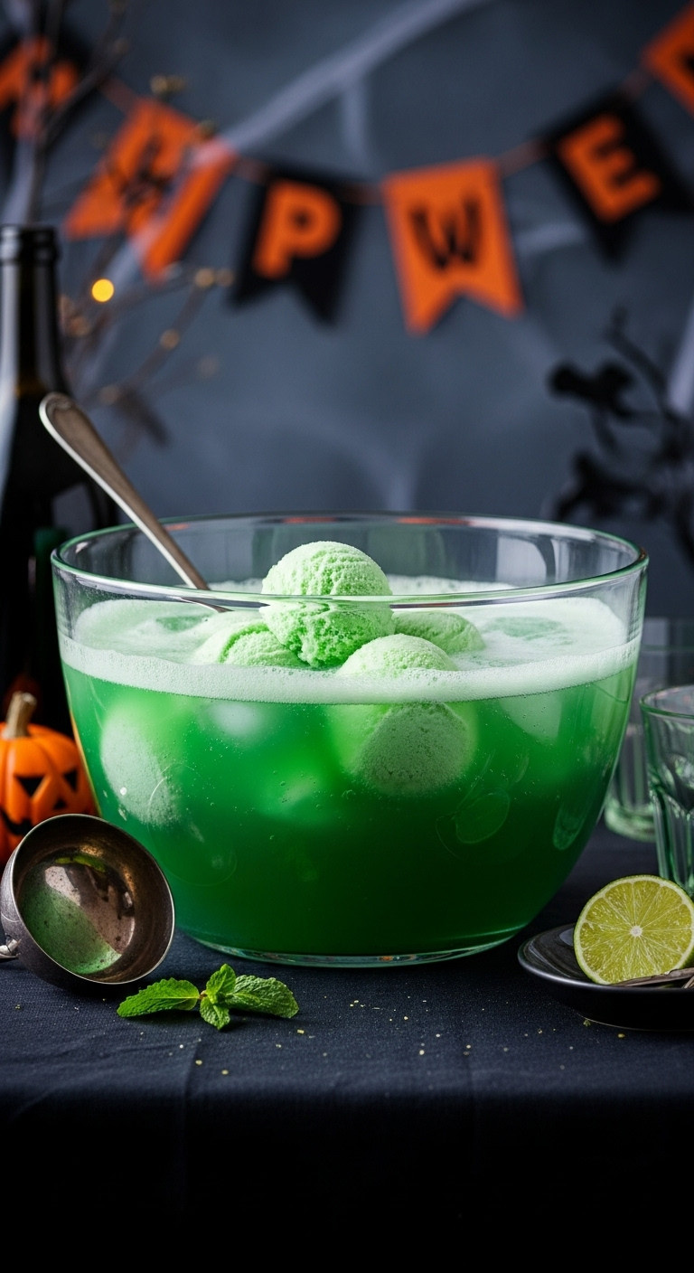 Vibrant Green Bubbling Punch With Lime Sherbet In A Vintage Glass Bowl, Ladle. Spooky Halloween Party Drink Recipe.