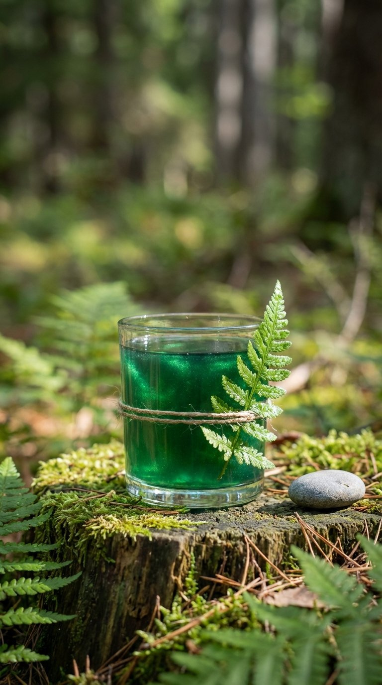 Vibrant Green Emerald Forest Potion In Rustic Glass With Natural Leaf Garnish On Mossy Wooden Stump