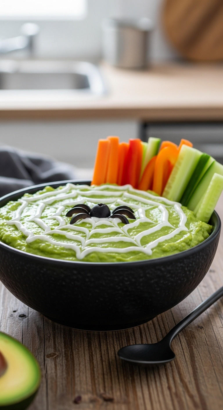 Vibrant Green Guacamole Dip With A Spiderweb Design, Black Olive Spider, And Colorful Veggie Sticks In A Rustic Bowl On Wood.