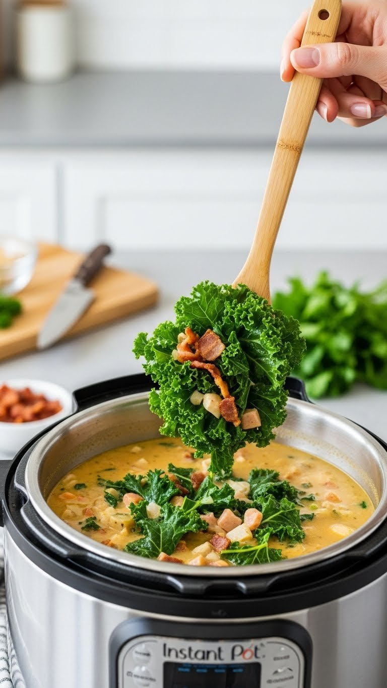 Vibrant Green Kale Leaves Stirred Into Creamy Instant Pot Zuppa Toscana Soup, With A Wooden Ladle, Crispy Bacon, And Fresh Parsley.