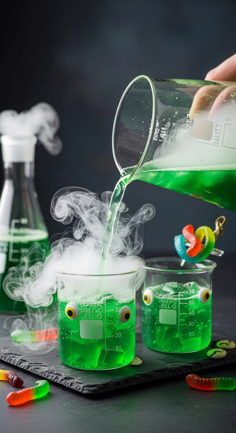 Vibrant Green Lime Jell-O Punch Served From A Glass Beaker Into Smaller Beakers With Dry Ice Smoke And Candy Googly Eyes