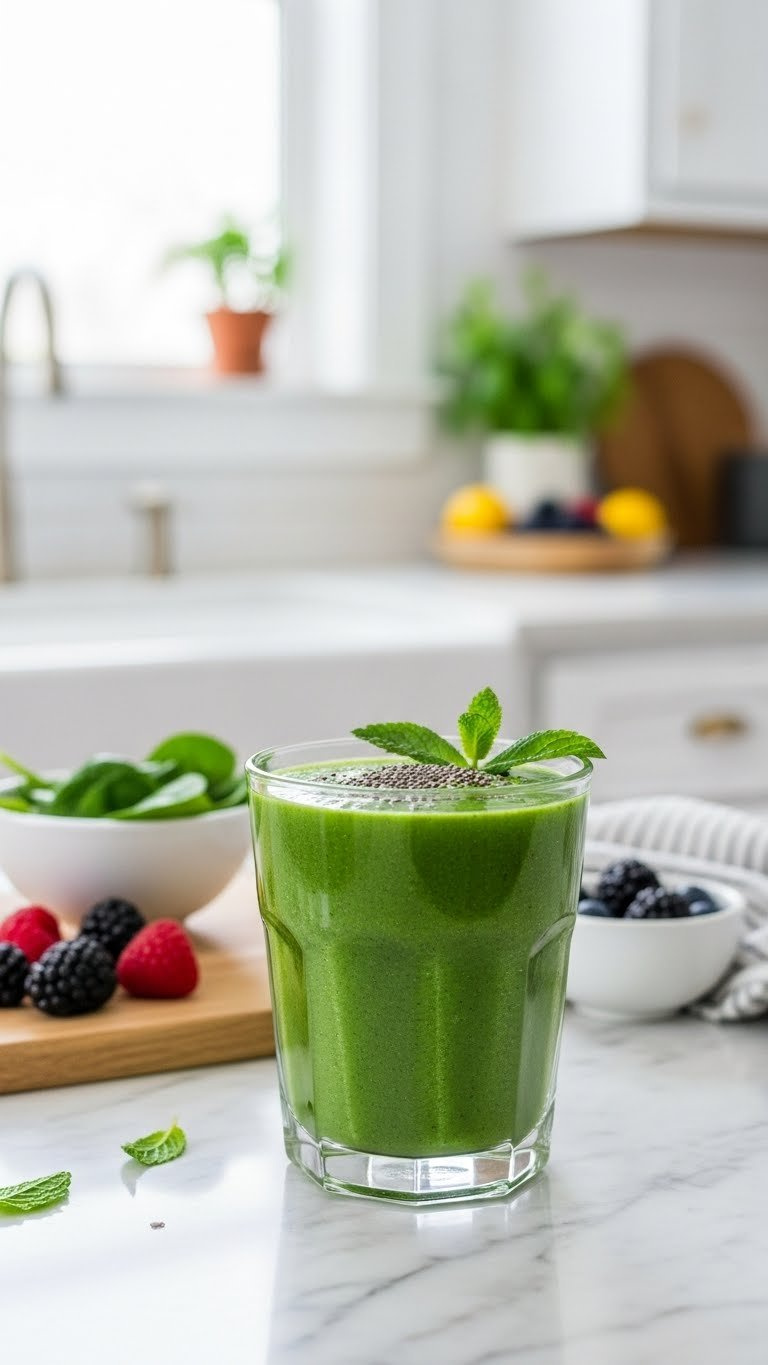 Vibrant Green Low Calorie Smoothie In Clear Glass Topped With Chia Seeds And Mint Sprig On Sun-Drenched Marble Countertop