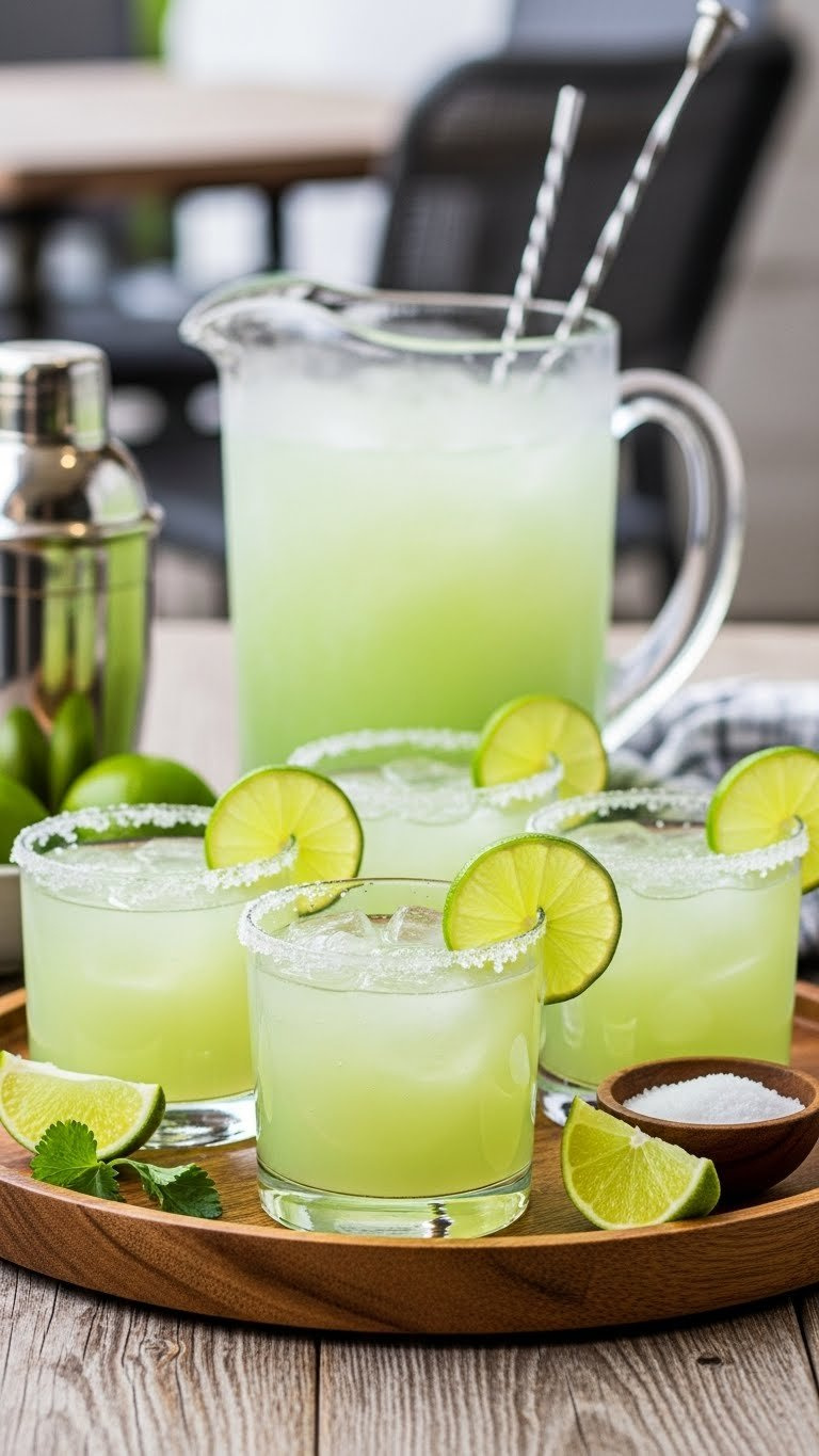 Vibrant Green Margaritas In Salt-Rimmed Glasses Arranged On Rustic Wooden Tray With Pitcher And Lime Garnishes