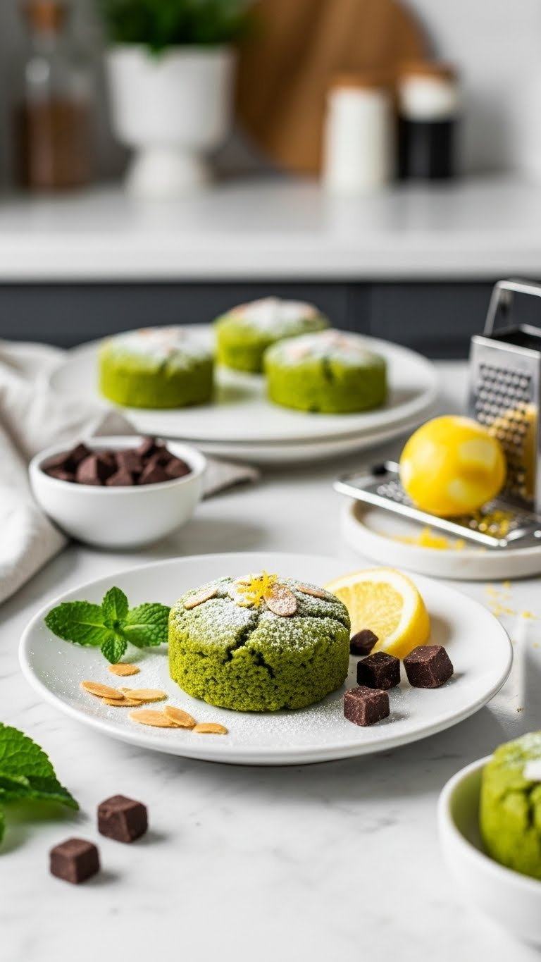 Vibrant Green Matcha Cookie Dusted With Powdered Sugar And Garnished With Almonds And Dark Chocolate On White Plate