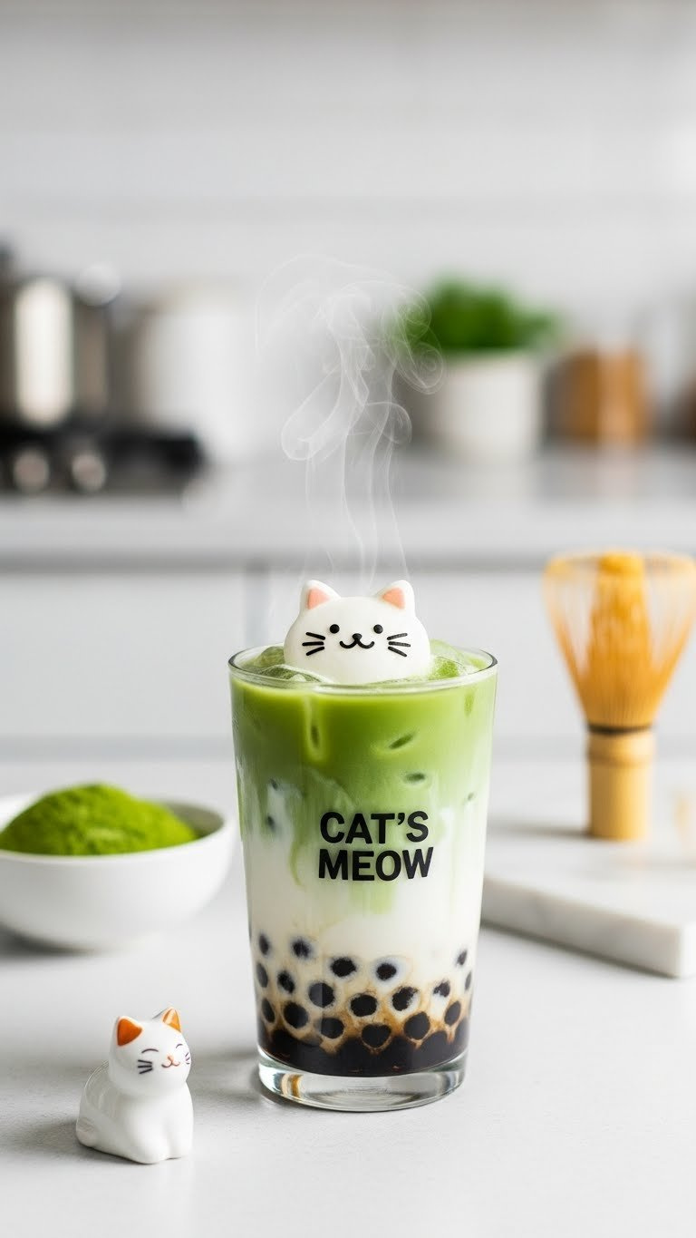 Vibrant Green Matcha Tea With Black Tapioca Pearls And Cat-Shaped Whipped Cream Topping