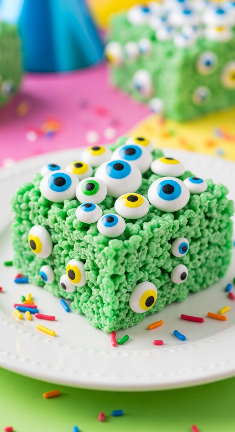 Vibrant Green Monster Rice Krispie Treat Covered In Candy Eyeballs, On A White Plate With Sprinkles. Fun Halloween Party Snack.