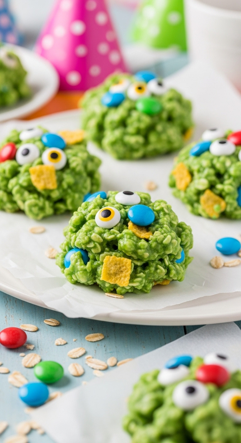 Vibrant Green Monster Cookies With Candy Eyeballs On Parchment Paper A Close-Up For Recipe Blogs