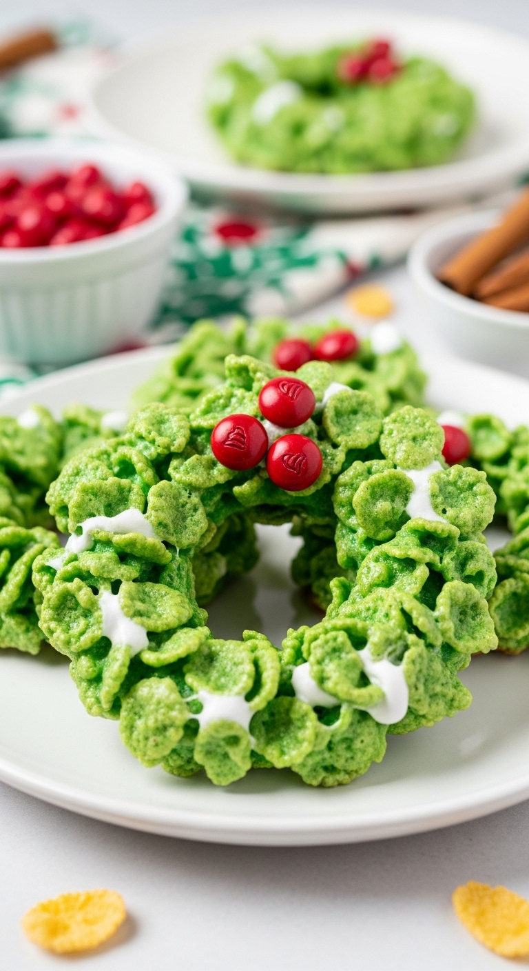 Vibrant Green No Bake Cornflake Wreath Cookie With Red Cinnamon Candies On A White Plate