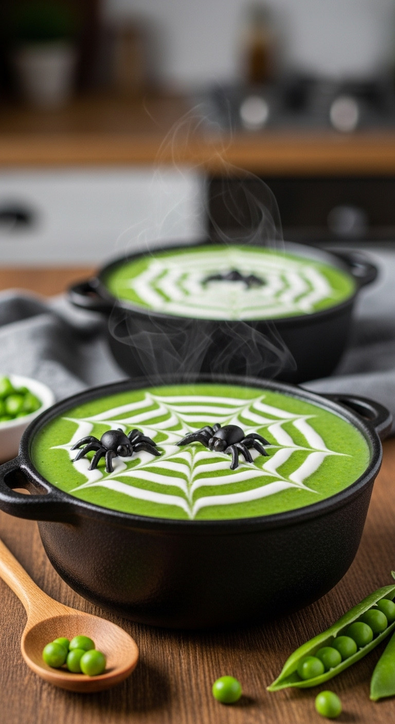 Vibrant Green Pea Soup In Rustic Cauldron With Sour Cream Spiderweb, Black Olive Spiders, Wooden Spoon On Blurred Wooden Table. Cozy, Spooky Food.
