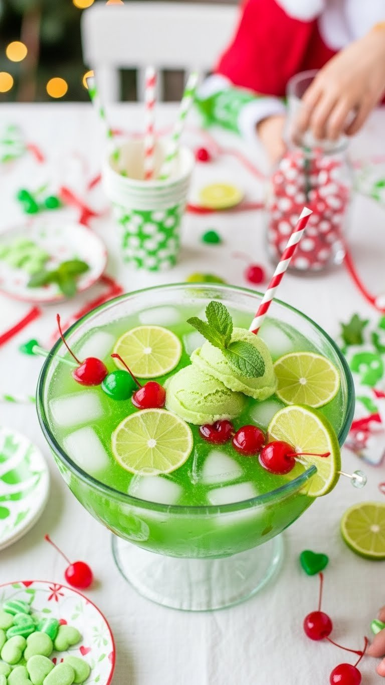 Vibrant Green Punch In Festive Glass Bowl With Lime Slices And Cherry Garnish On White Linen Tablecloth
