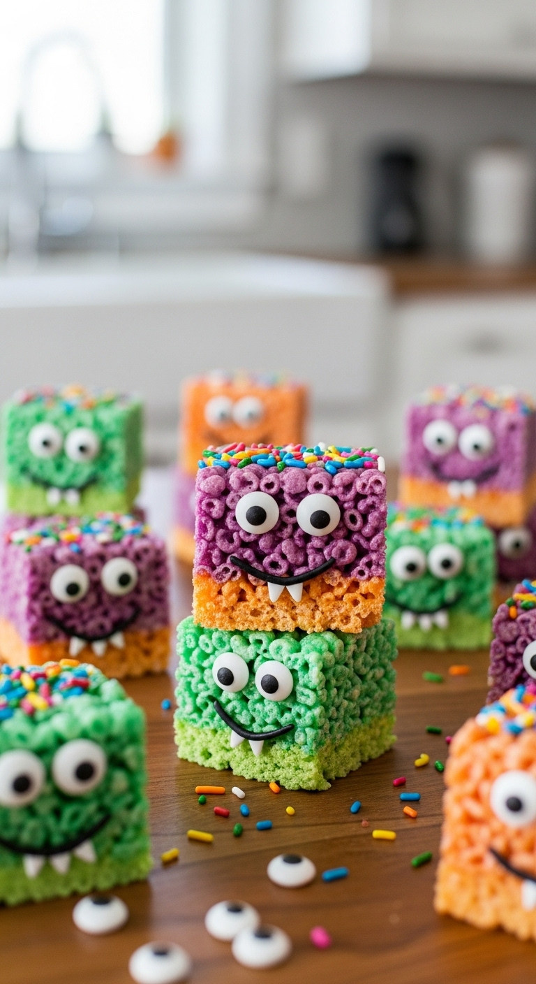 Vibrant Green, Purple, Orange Monster Rice Krispie Treats With Googly Eyes And Sprinkles On A Rustic Kitchen Table.