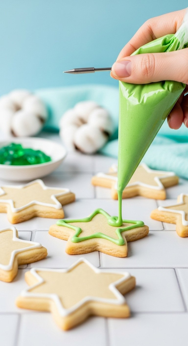 Vibrant Green Royal Icing Flooding A Star Cookie, Showcasing Smooth Flood Consistency For Detailed Cookie Decoration.