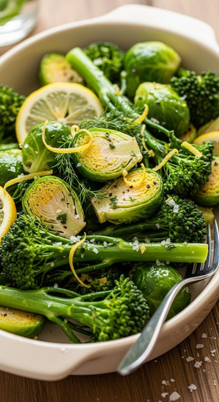 Vibrant Green Sautéed Brussels Sprouts And Tenderstem Broccoli With Lemon, Garlic, Herbs, And Char Marks In A Dish.