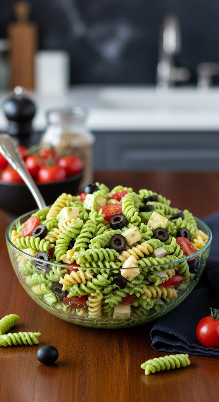 Vibrant Green Slime Pasta Salad With Tri-Color Rotini, Black Olives, Cherry Tomatoes, In A Glass Bowl, Spooky Halloween Dish.