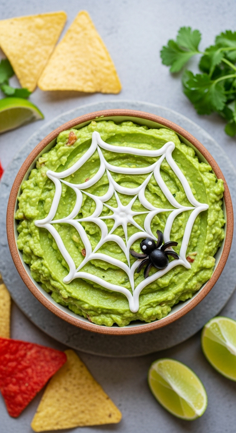 Vibrant Green Spiderweb Guacamole Dip With Black Olive Spider, White Web, Rustic Bowl, Tortilla Chips, Lime. Perfect Halloween Party Appetizer.