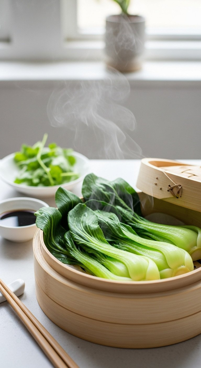 Vibrant Green Steamed Bok Choy Arranged Neatly In A Traditional Bamboo Steamer Basket. A Healthy And Simple Vegetable Recipe Idea.