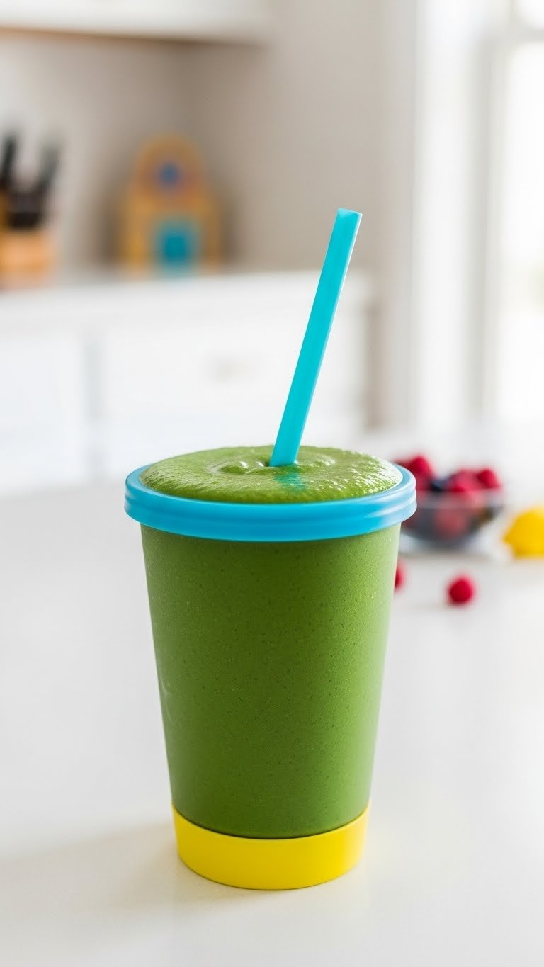 Vibrant Green Super Smoothie In Colorful Kid-Friendly Cup With Matching Straw