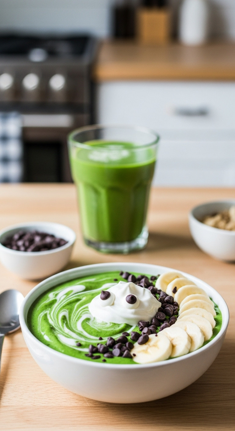 Vibrant Green Vegan Smoothie Bowl With Chocolate Chip Monster Eyes, Banana, Whipped Cream, And Spoon On A Wood Counter.