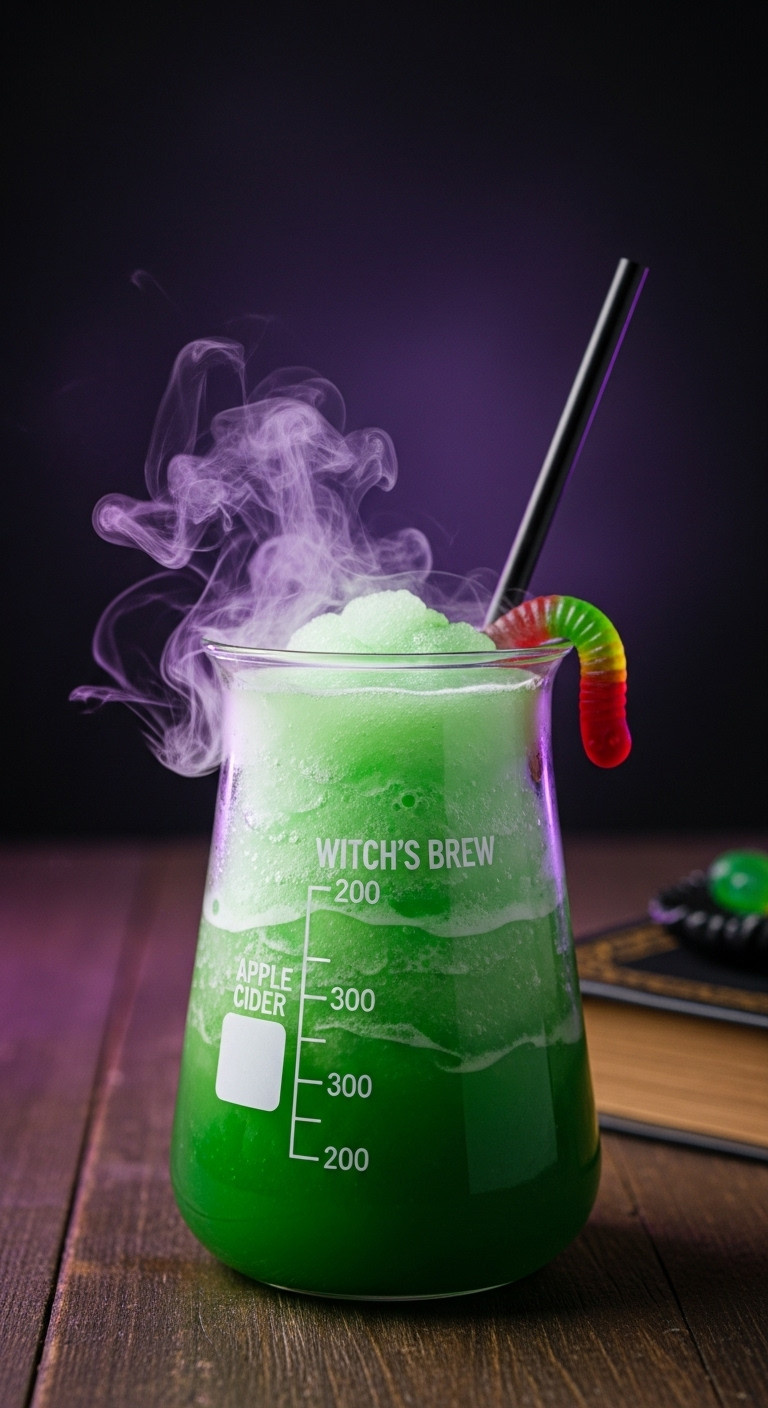 Vibrant Green Witch's Brew Apple Cider Slushie With Gummy Worm And Dry Ice Vapor In A Beaker Mug. Spooky Halloween Drink.