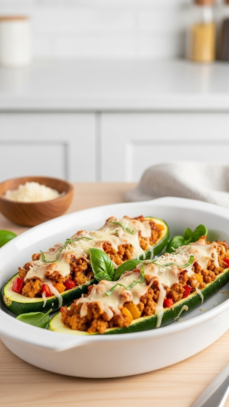 Vibrant Green Zucchini Boats Stuffed With Seasoned Ground Turkey, Bell Peppers, And Melted Cheese With Fresh Basil Garnish