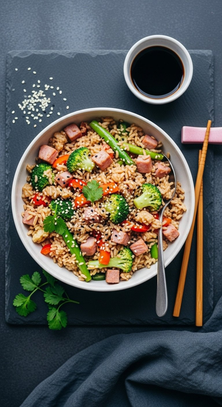 Vibrant Ham And Vegetable Fried Rice Bowl With Colorful Veggies, Savory Ham On Slate, Soy Sauce, And Chopsticks.