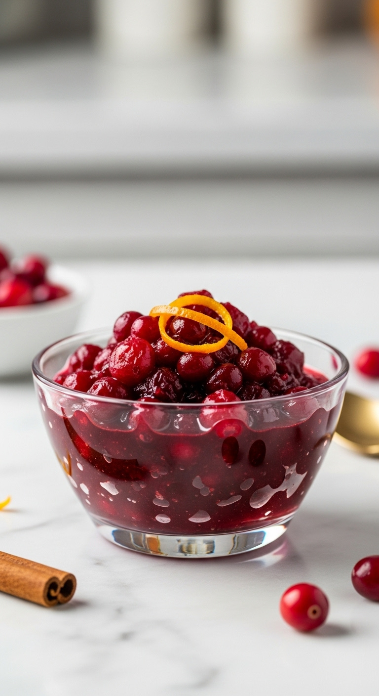 Vibrant Homemade Cranberry Sauce In A Glass Bowl With Orange Zest, Cinnamon Stick, And Fresh Cranberries On Marble