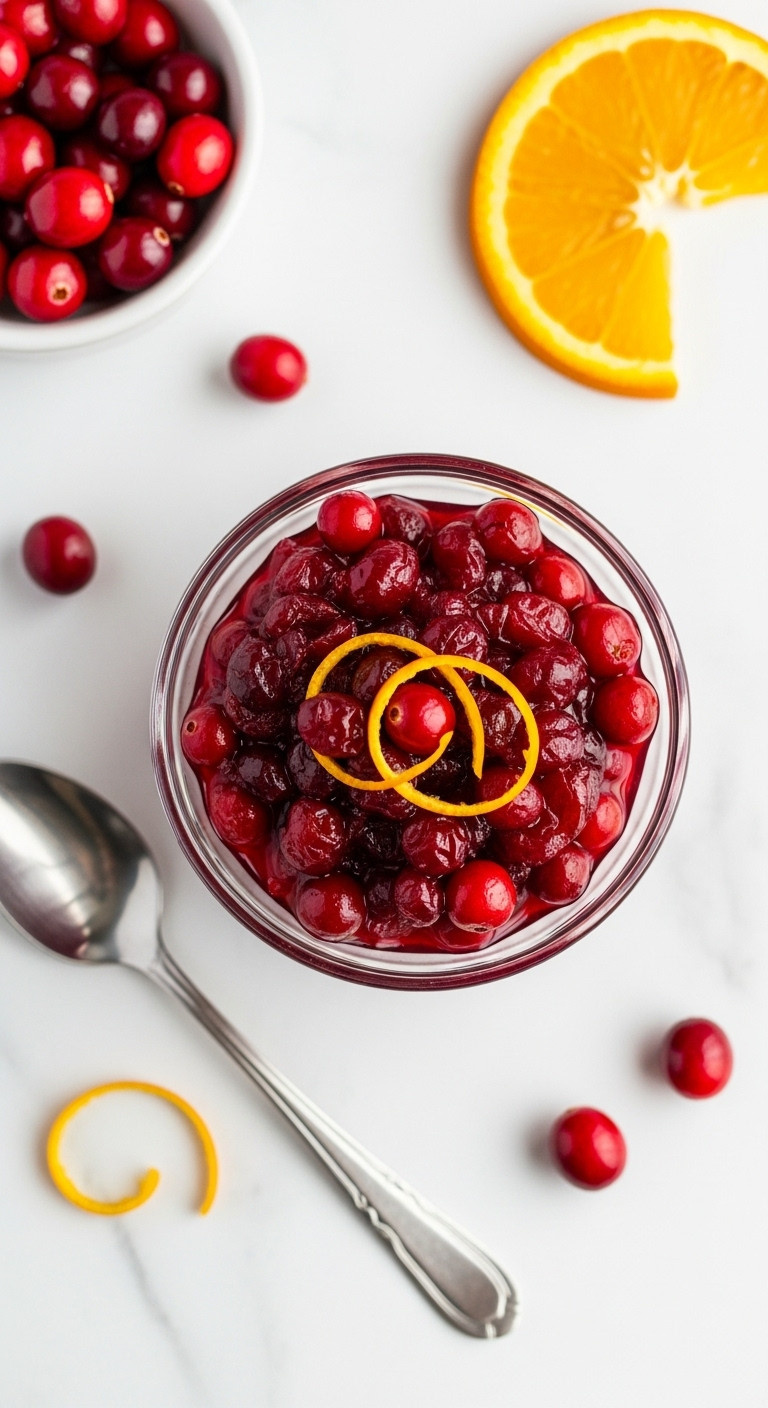 Vibrant Homemade Cranberry Sauce With Whole Cranberries In Glass Bowl On Marble, Orange Twist. Thanksgiving Side.