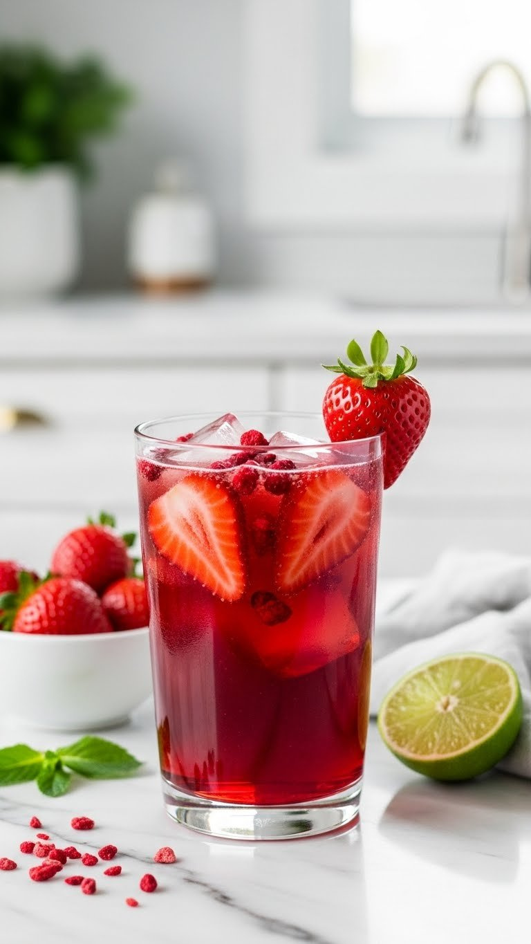 Vibrant Homemade Strawberry Açaí Refresher In Tall Glass With Fresh Strawberry Slices And Freeze-Dried Açaí Pieces On Marble Countertop