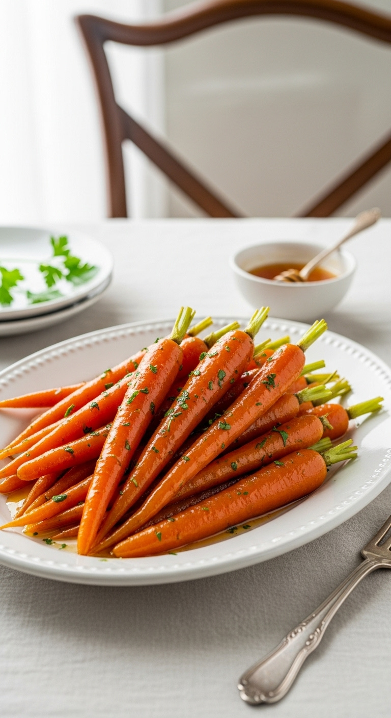 Vibrant Honey Glazed Carrots With Fresh Parsley On A Ceramic Platter With A Bowl Of Glaze And A Vintage Fork